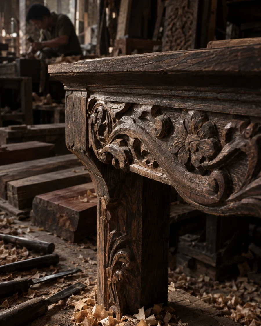 Reading table, carved ironwood, macro of the carved apron, chisel facets in the dark grain, in a Đồng Kỵ carving workshop, ironwood and rosewood planks, chisels and shavings, oiled dark grain, timber-yard light