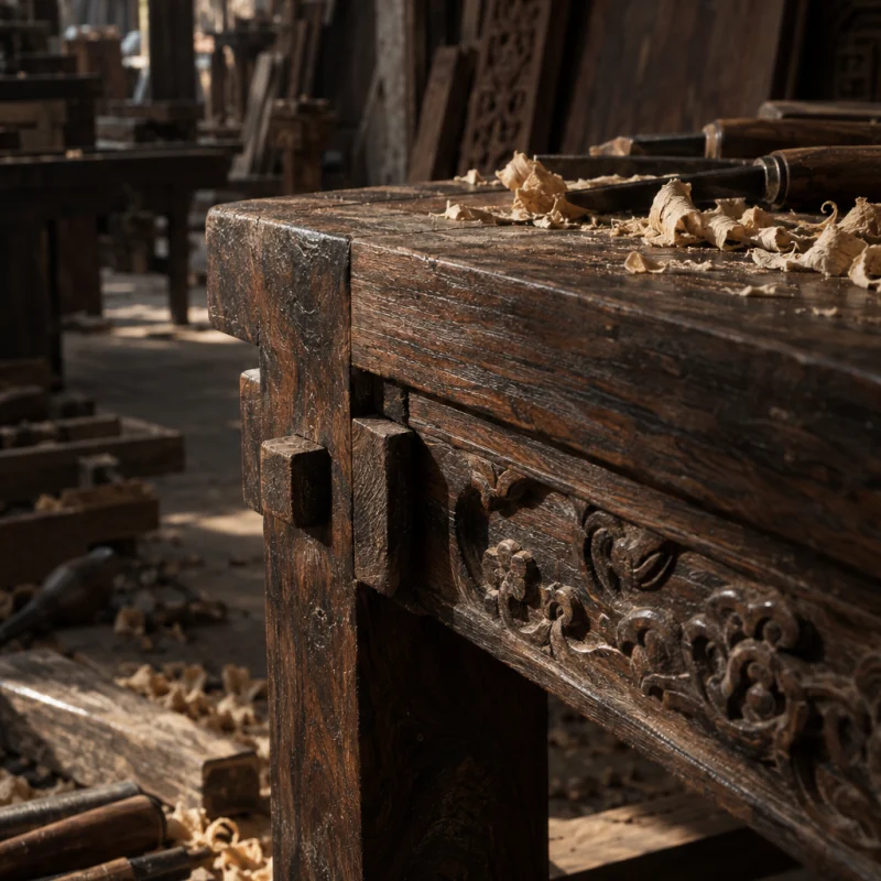 Reading table, carved ironwood, close-up of a pegged mortise-and-tenon joint, no nails, in a Đồng Kỵ carving workshop, ironwood and rosewood planks, chisels and shavings, oiled dark grain, timber-yard light
