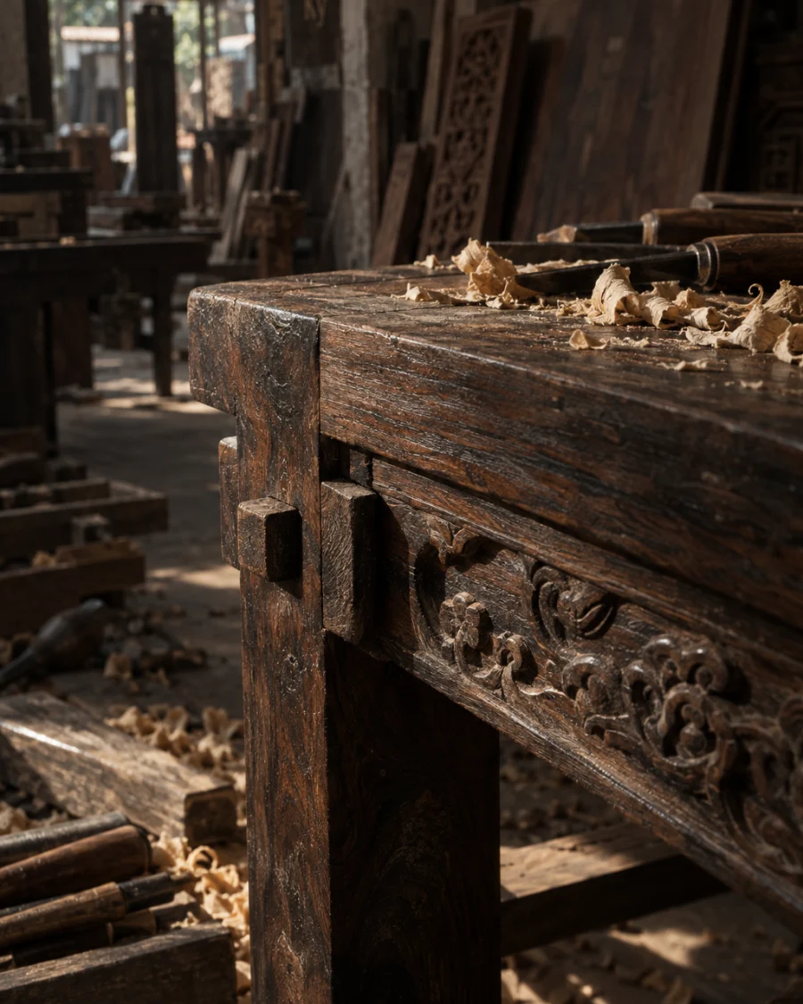 Reading table, carved ironwood, close-up of a pegged mortise-and-tenon joint, no nails, in a Đồng Kỵ carving workshop, ironwood and rosewood planks, chisels and shavings, oiled dark grain, timber-yard light