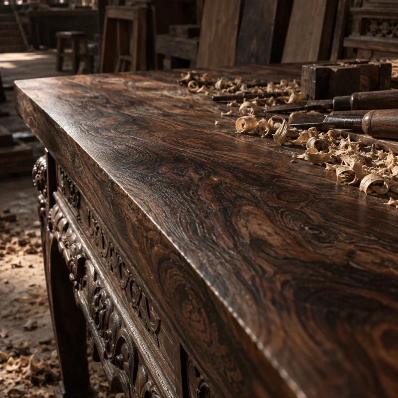Reading table, carved ironwood, the single-board top seen at a low angle, figured grain under oil and wax, in a Đồng Kỵ carving workshop, ironwood and rosewood planks, chisels and shavings, oiled dark grain, timber-yard light