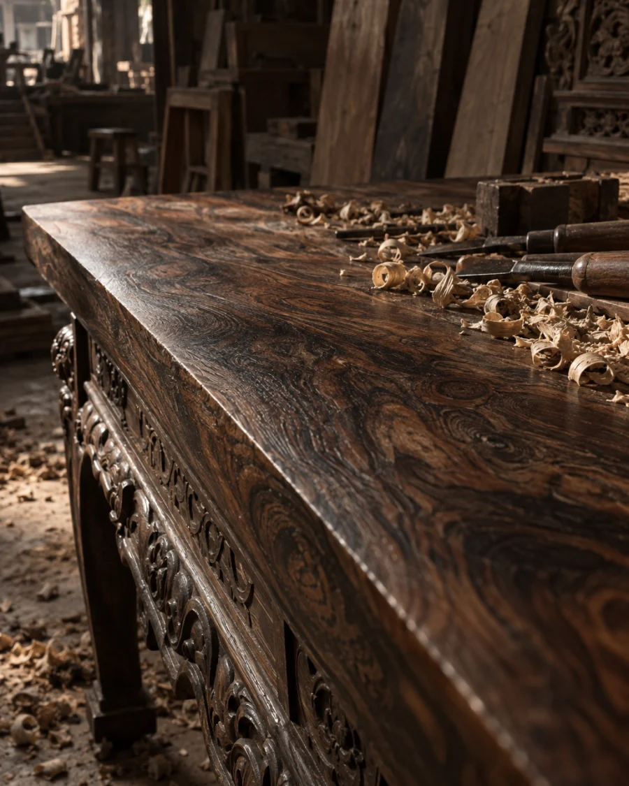 Reading table, carved ironwood, the single-board top seen at a low angle, figured grain under oil and wax, in a Đồng Kỵ carving workshop, ironwood and rosewood planks, chisels and shavings, oiled dark grain, timber-yard light