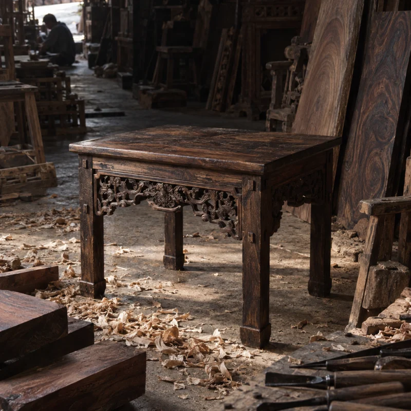 Reading table, carved ironwood: A small reading table in dark ironwood with a carved apron and pegged joints, oil-and-wax finish, standing among shavings, in a Đồng Kỵ carving workshop, ironwood and rosewood planks, chisels and shavings, oiled dark grain, timber-yard light, by Đồng Kỵ workshop