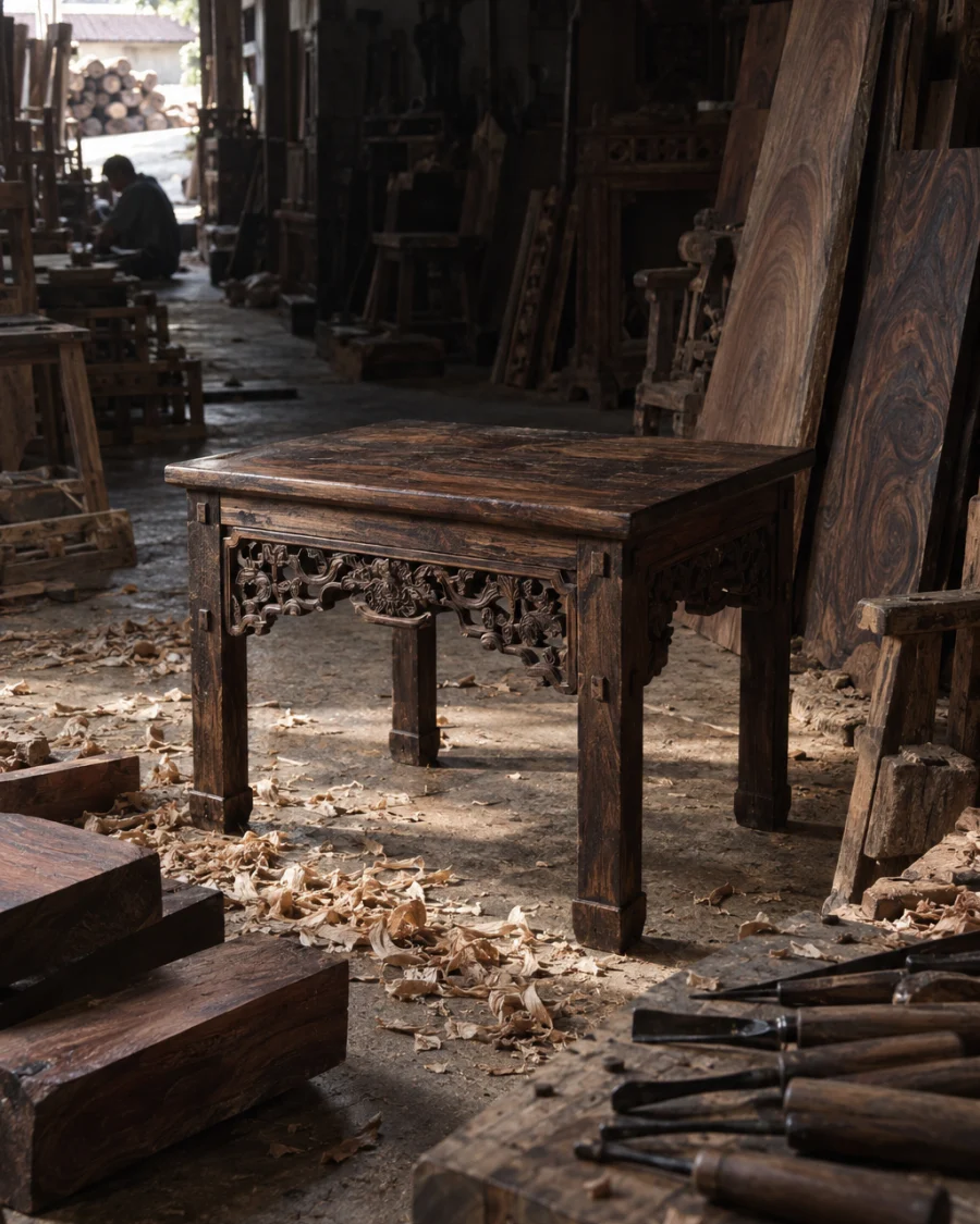 Reading table, carved ironwood: A small reading table in dark ironwood with a carved apron and pegged joints, oil-and-wax finish, standing among shavings, in a Đồng Kỵ carving workshop, ironwood and rosewood planks, chisels and shavings, oiled dark grain, timber-yard light, by Đồng Kỵ workshop