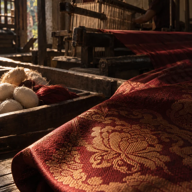 Scarf, hand-loomed silk, macro of the woven damask figure catching the light, in a Vạn Phúc weaving house, a wooden hand loom in window light, mulberry silk, deep wine red and ochre