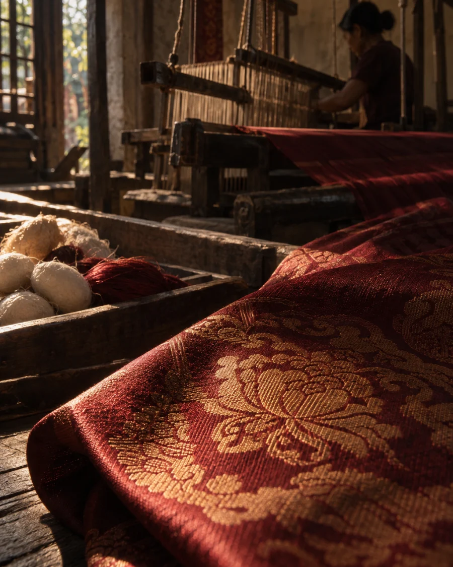 Scarf, hand-loomed silk, macro of the woven damask figure catching the light, in a Vạn Phúc weaving house, a wooden hand loom in window light, mulberry silk, deep wine red and ochre
