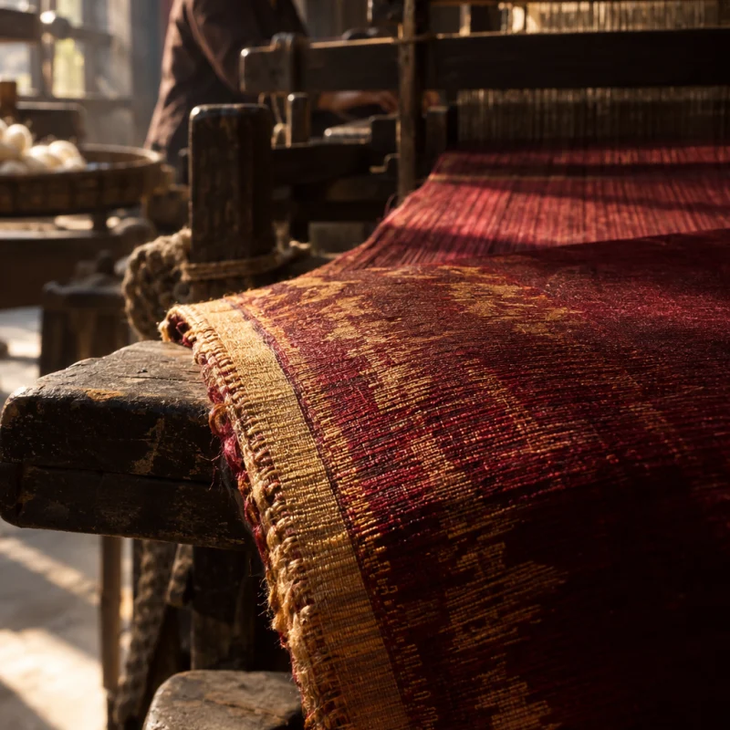 Scarf, hand-loomed silk, close-up of the hand-finished selvedge, in a Vạn Phúc weaving house, a wooden hand loom in window light, mulberry silk, deep wine red and ochre