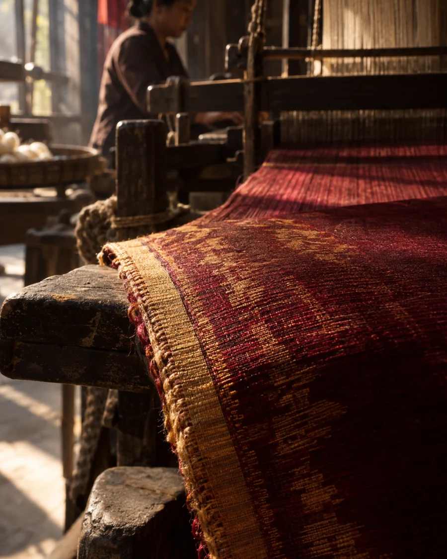 Scarf, hand-loomed silk, close-up of the hand-finished selvedge, in a Vạn Phúc weaving house, a wooden hand loom in window light, mulberry silk, deep wine red and ochre