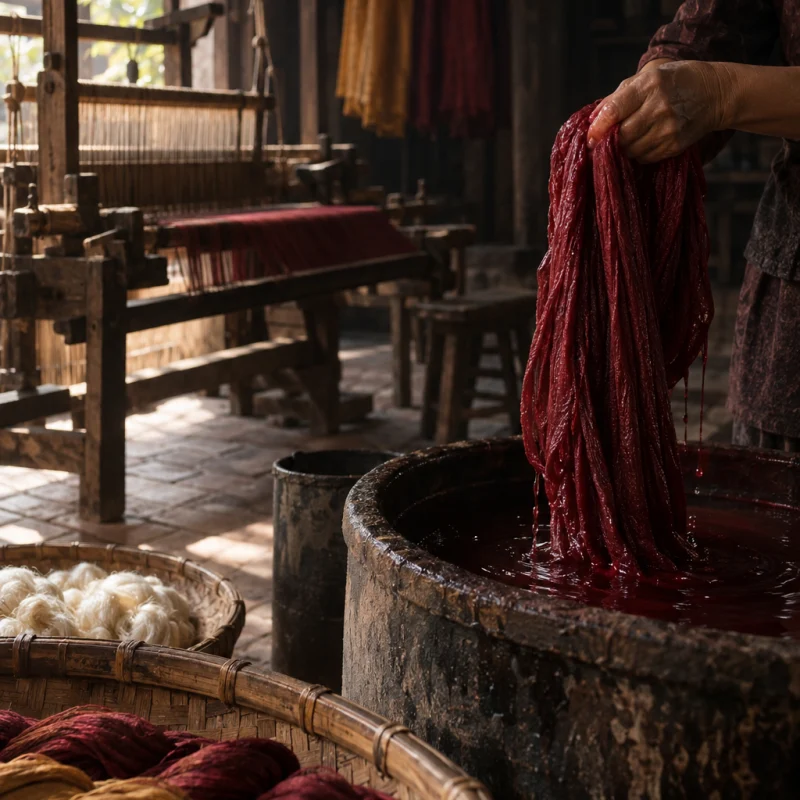 Scarf, hand-loomed silk, a hand lifting dripping silk from a small plant-dye vat, wine-red water, in a Vạn Phúc weaving house, a wooden hand loom in window light, mulberry silk, deep wine red and ochre