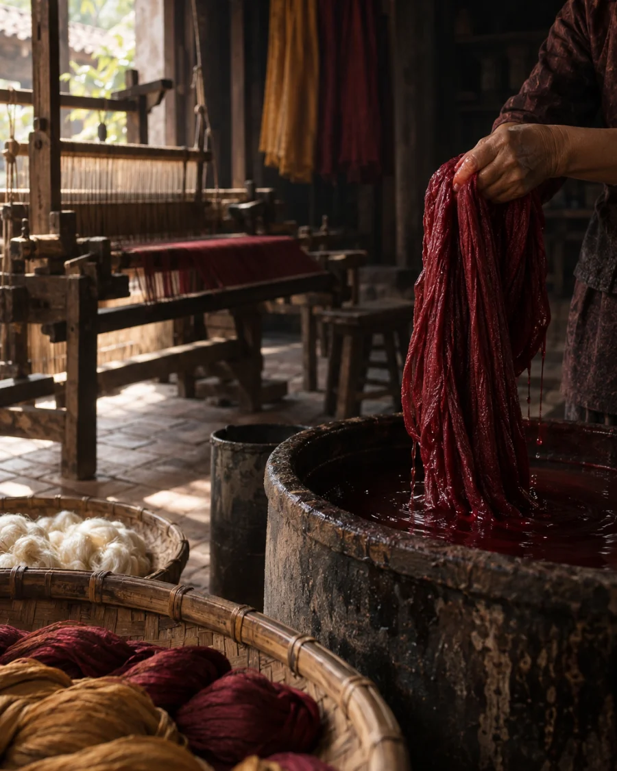 Scarf, hand-loomed silk, a hand lifting dripping silk from a small plant-dye vat, wine-red water, in a Vạn Phúc weaving house, a wooden hand loom in window light, mulberry silk, deep wine red and ochre