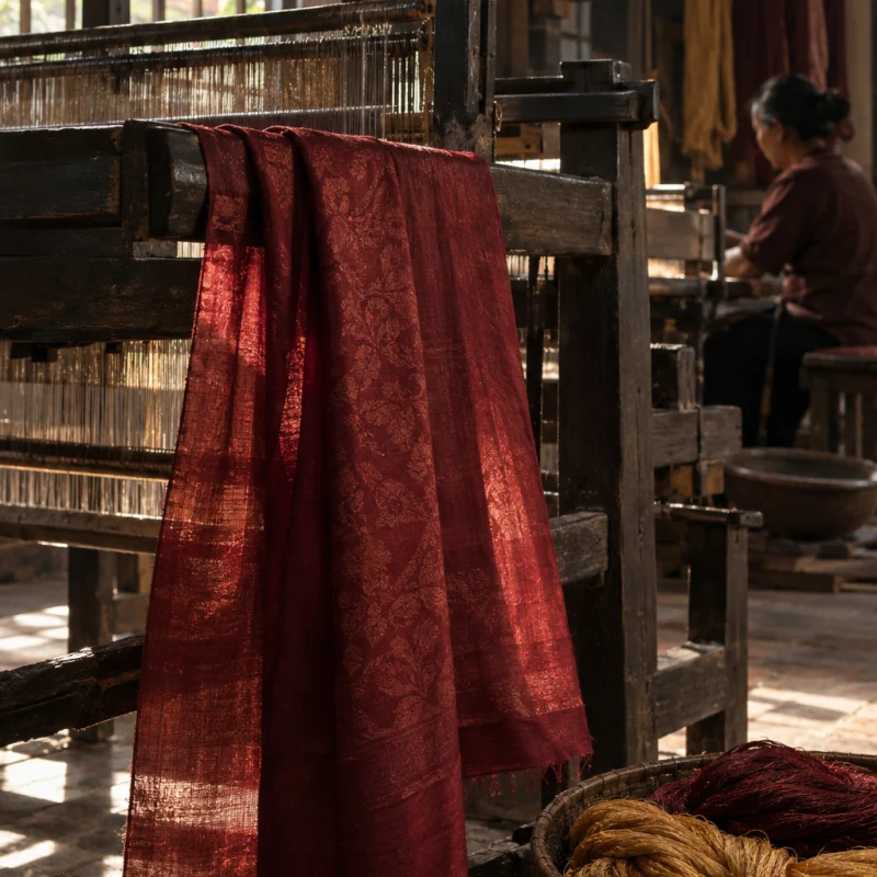 Scarf, hand-loomed silk: A hand-loomed mulberry-silk scarf, plant-dyed in deep wine red with a faint damask figure, draped over the beam of a wooden loom, in a Vạn Phúc weaving house, a wooden hand loom in window light, mulberry silk, deep wine red and ochre, by Vạn Phúc workshop