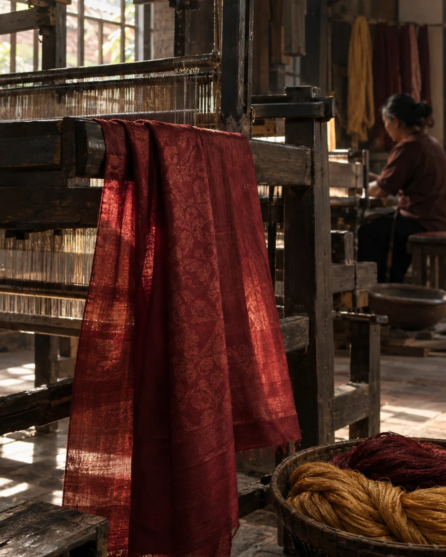 Scarf, hand-loomed silk: A hand-loomed mulberry-silk scarf, plant-dyed in deep wine red with a faint damask figure, draped over the beam of a wooden loom, in a Vạn Phúc weaving house, a wooden hand loom in window light, mulberry silk, deep wine red and ochre, by Vạn Phúc workshop