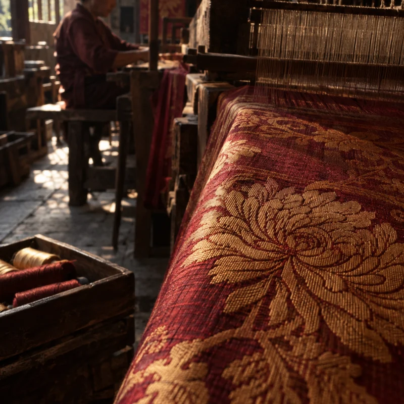 Silk length, chrysanthemum damask, macro of the woven chrysanthemum figure, in a Vạn Phúc weaving house, a wooden hand loom in window light, mulberry silk, deep wine red and ochre