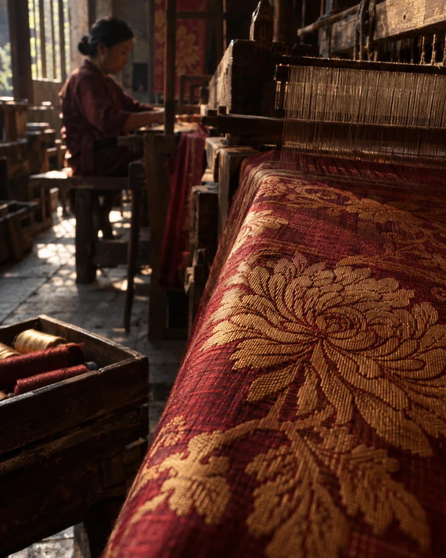 Silk length, chrysanthemum damask, macro of the woven chrysanthemum figure, in a Vạn Phúc weaving house, a wooden hand loom in window light, mulberry silk, deep wine red and ochre