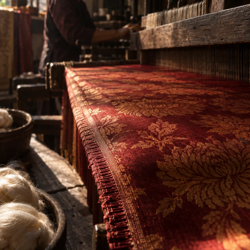 Silk length, chrysanthemum damask, close-up of the hand-finished selvedge, in a Vạn Phúc weaving house, a wooden hand loom in window light, mulberry silk, deep wine red and ochre