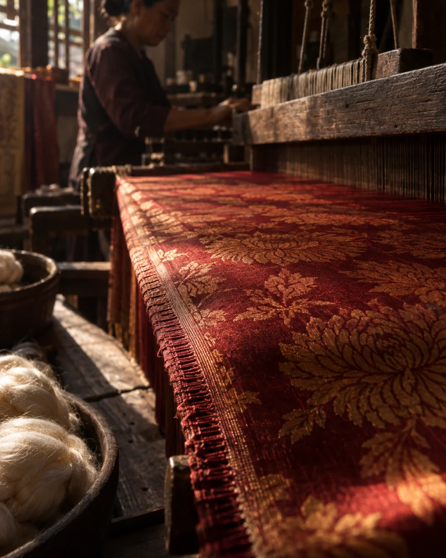 Silk length, chrysanthemum damask, close-up of the hand-finished selvedge, in a Vạn Phúc weaving house, a wooden hand loom in window light, mulberry silk, deep wine red and ochre