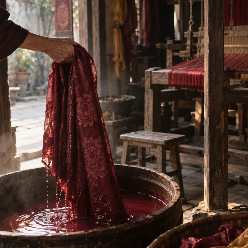 Silk length, chrysanthemum damask, a hand lifting dripping silk from a small plant-dye vat, wine-red water, in a Vạn Phúc weaving house, a wooden hand loom in window light, mulberry silk, deep wine red and ochre