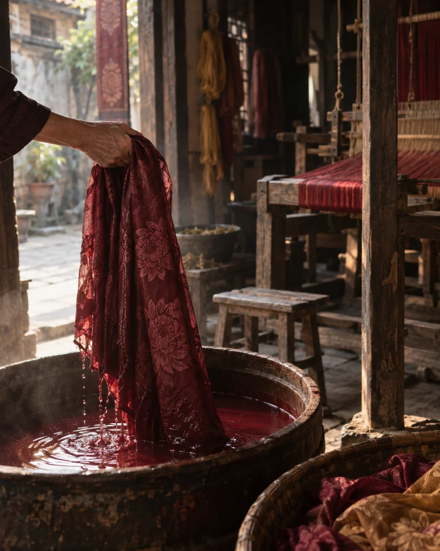 Silk length, chrysanthemum damask, a hand lifting dripping silk from a small plant-dye vat, wine-red water, in a Vạn Phúc weaving house, a wooden hand loom in window light, mulberry silk, deep wine red and ochre