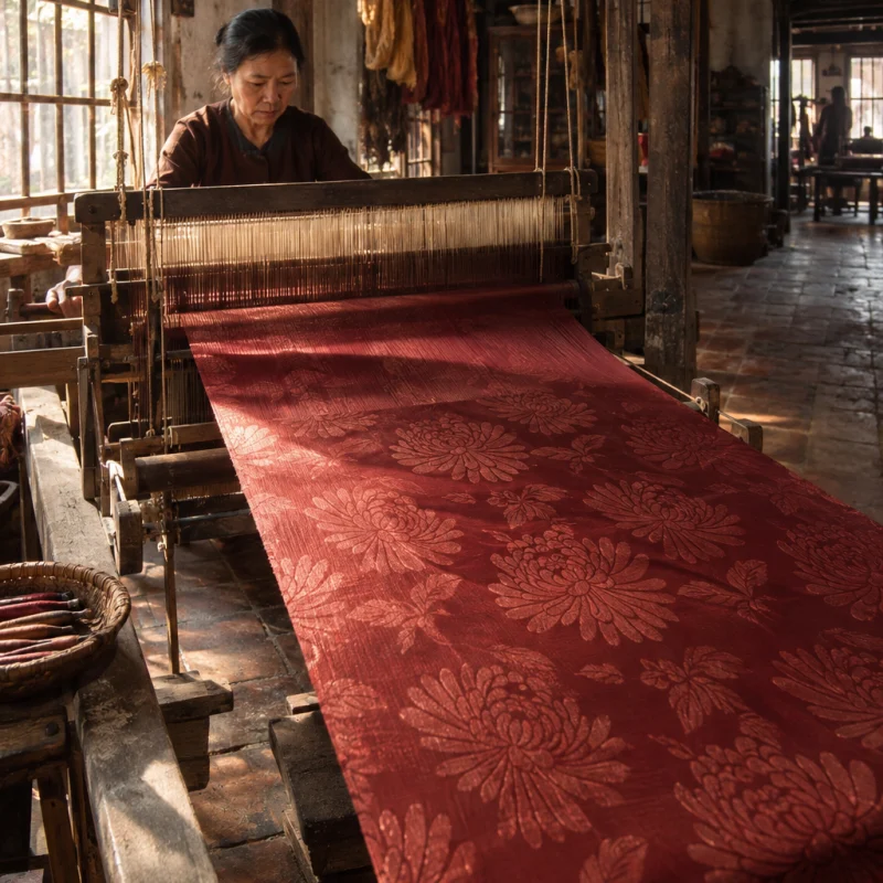 Silk length, chrysanthemum damask: A length of hand-loomed mulberry silk with a chrysanthemum damask figure, plant-dyed wine red, running off the wooden loom, in a Vạn Phúc weaving house, a wooden hand loom in window light, mulberry silk, deep wine red and ochre, by Vạn Phúc workshop