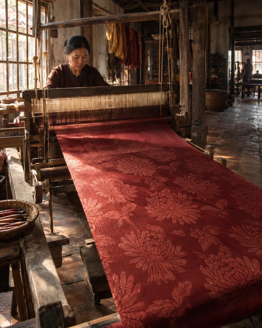 Silk length, chrysanthemum damask: A length of hand-loomed mulberry silk with a chrysanthemum damask figure, plant-dyed wine red, running off the wooden loom, in a Vạn Phúc weaving house, a wooden hand loom in window light, mulberry silk, deep wine red and ochre, by Vạn Phúc workshop