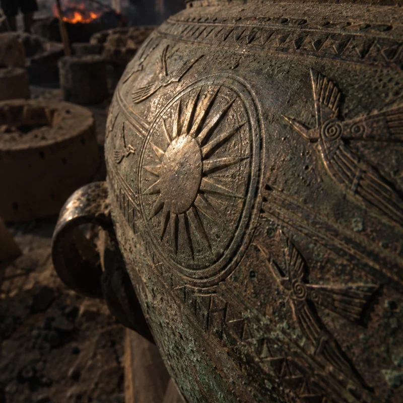 Small drum, cast bronze, macro of the chased sun and flying birds in the patina, in the Đại Bái foundry, sand moulds and charcoal glow, dark bronze with a green-brown patina, smoke and low light