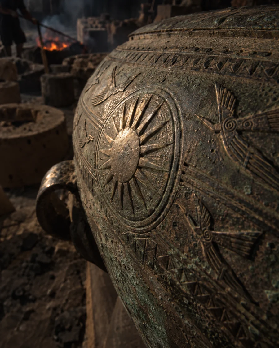 Small drum, cast bronze, macro of the chased sun and flying birds in the patina, in the Đại Bái foundry, sand moulds and charcoal glow, dark bronze with a green-brown patina, smoke and low light