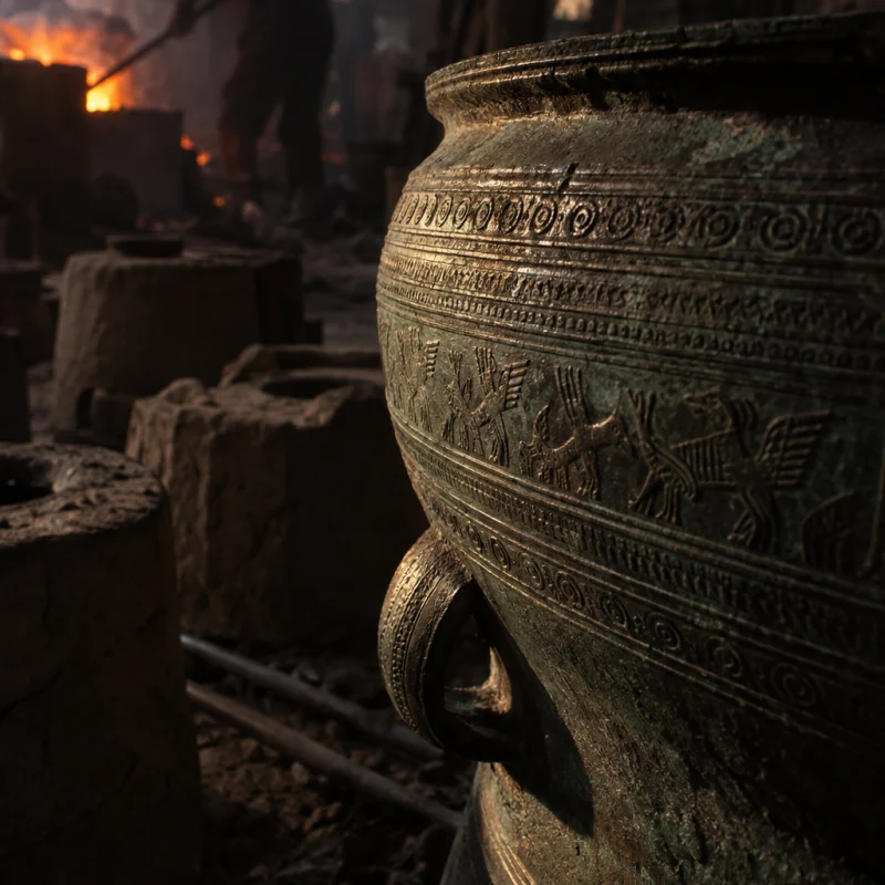 Small drum, cast bronze, the side of the drum, chased bands in low light, in the Đại Bái foundry, sand moulds and charcoal glow, dark bronze with a green-brown patina, smoke and low light