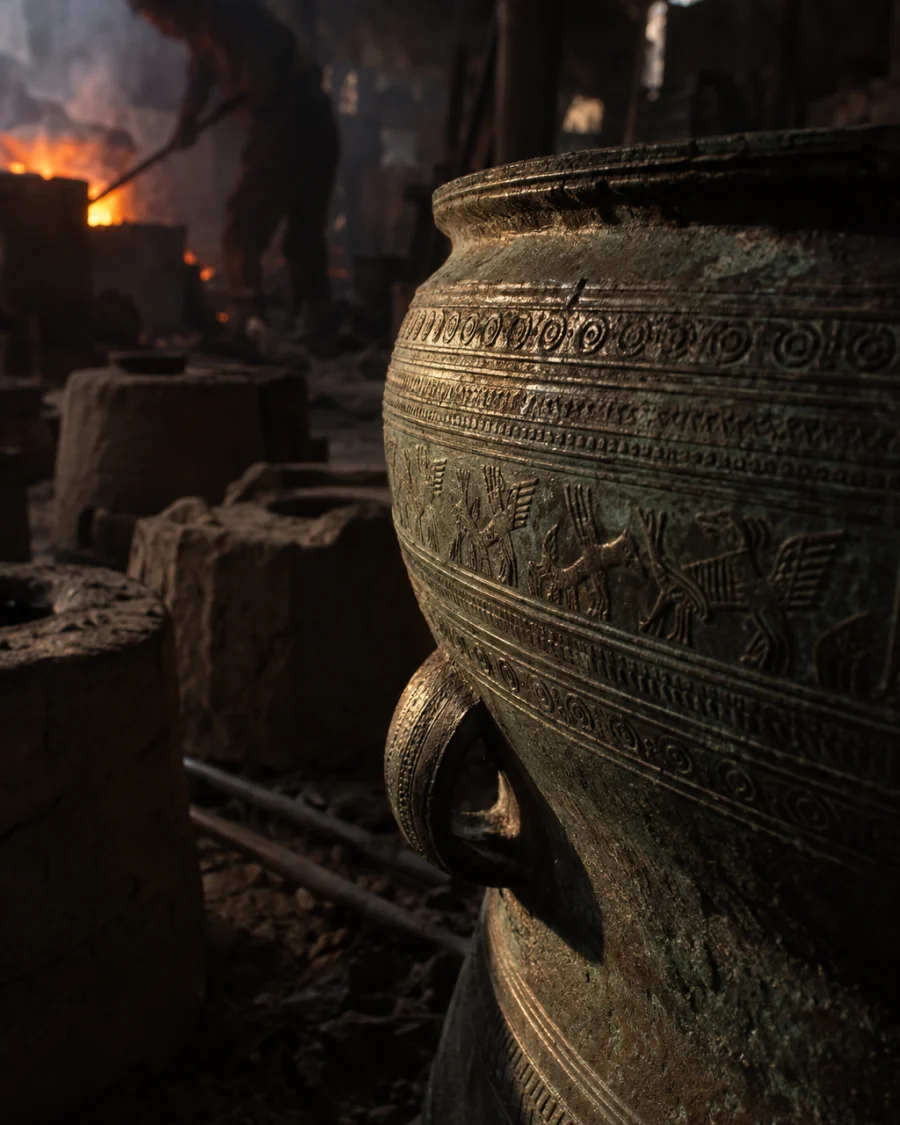 Small drum, cast bronze, the side of the drum, chased bands in low light, in the Đại Bái foundry, sand moulds and charcoal glow, dark bronze with a green-brown patina, smoke and low light