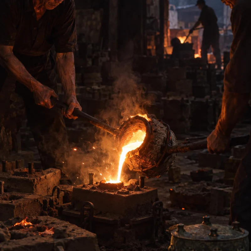 Small drum, cast bronze, molten bronze poured into a sand mould in the dark, sparks and orange glow on the casters' hands, in the Đại Bái foundry, sand moulds and charcoal glow, dark bronze with a green-brown patina, smoke and low light