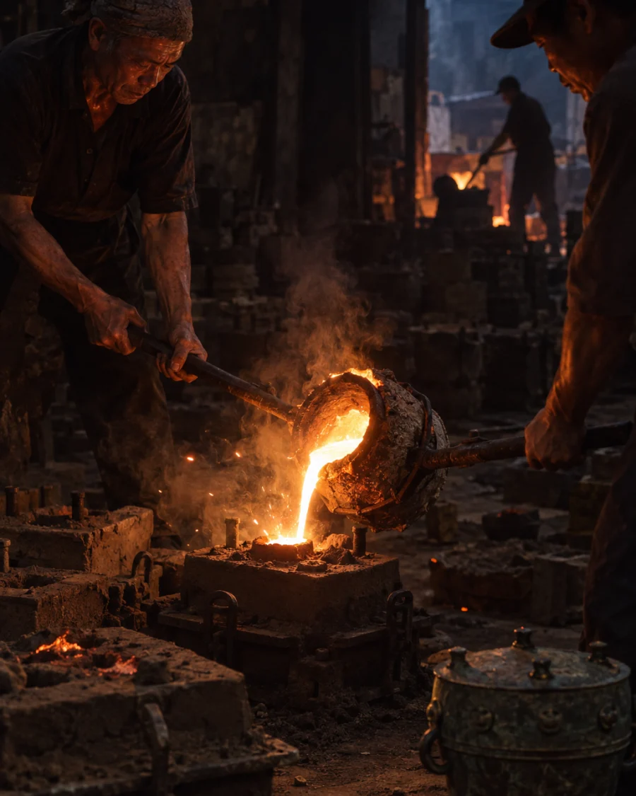 Small drum, cast bronze, molten bronze poured into a sand mould in the dark, sparks and orange glow on the casters' hands, in the Đại Bái foundry, sand moulds and charcoal glow, dark bronze with a green-brown patina, smoke and low light