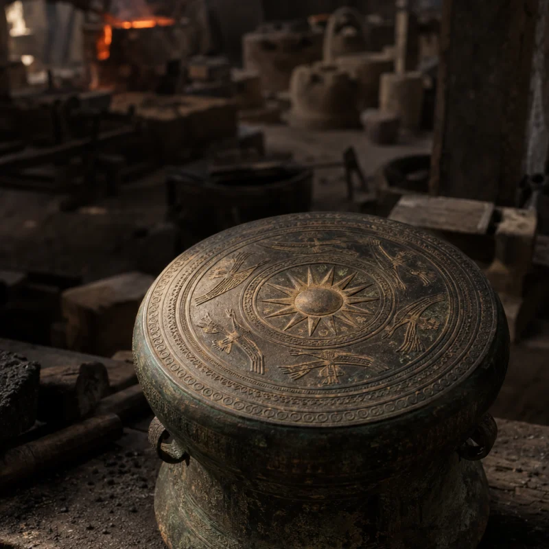 Small drum, cast bronze: A small cast-bronze drum with a sun and flying birds chased on its face, Đông Sơn style, seen from above on a dark bench, in the Đại Bái foundry, sand moulds and charcoal glow, dark bronze with a green-brown patina, smoke and low light, by Nguyễn Văn Sơn