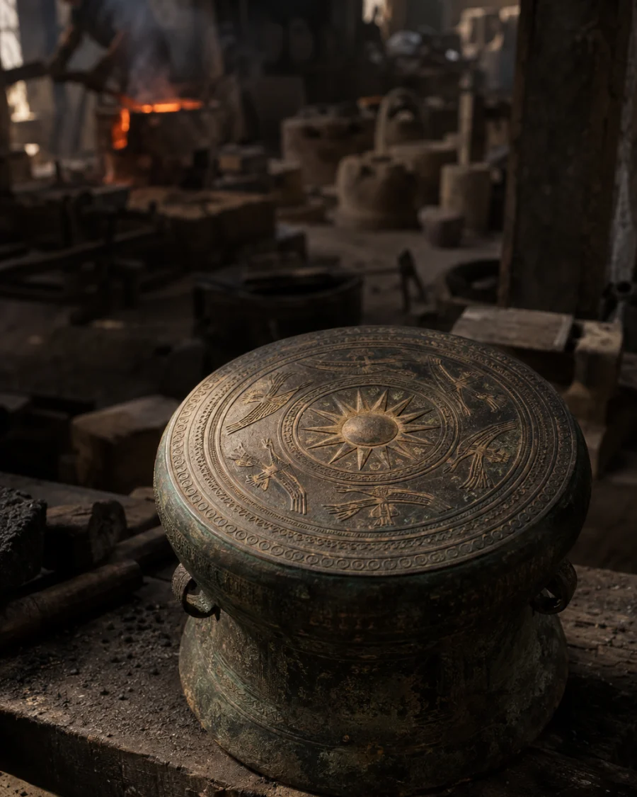 Small drum, cast bronze: A small cast-bronze drum with a sun and flying birds chased on its face, Đông Sơn style, seen from above on a dark bench, in the Đại Bái foundry, sand moulds and charcoal glow, dark bronze with a green-brown patina, smoke and low light, by Nguyễn Văn Sơn
