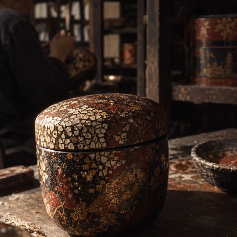 Tea caddy, eggshell lid, macro of the eggshell mosaic lid, in the Hạ Thái lacquer workshop, dark wooden drying cabinets behind, palette of brown-black, cinnabar and dull gold