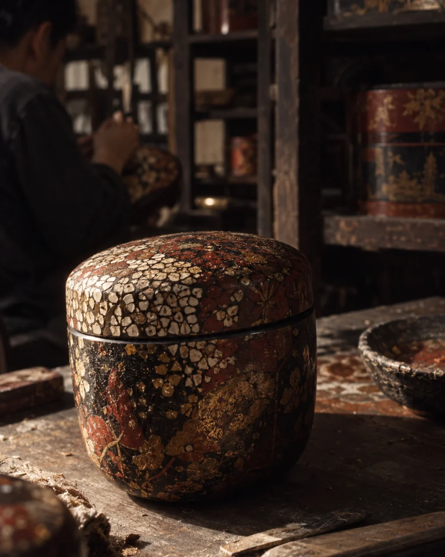 Tea caddy, eggshell lid, macro of the eggshell mosaic lid, in the Hạ Thái lacquer workshop, dark wooden drying cabinets behind, palette of brown-black, cinnabar and dull gold