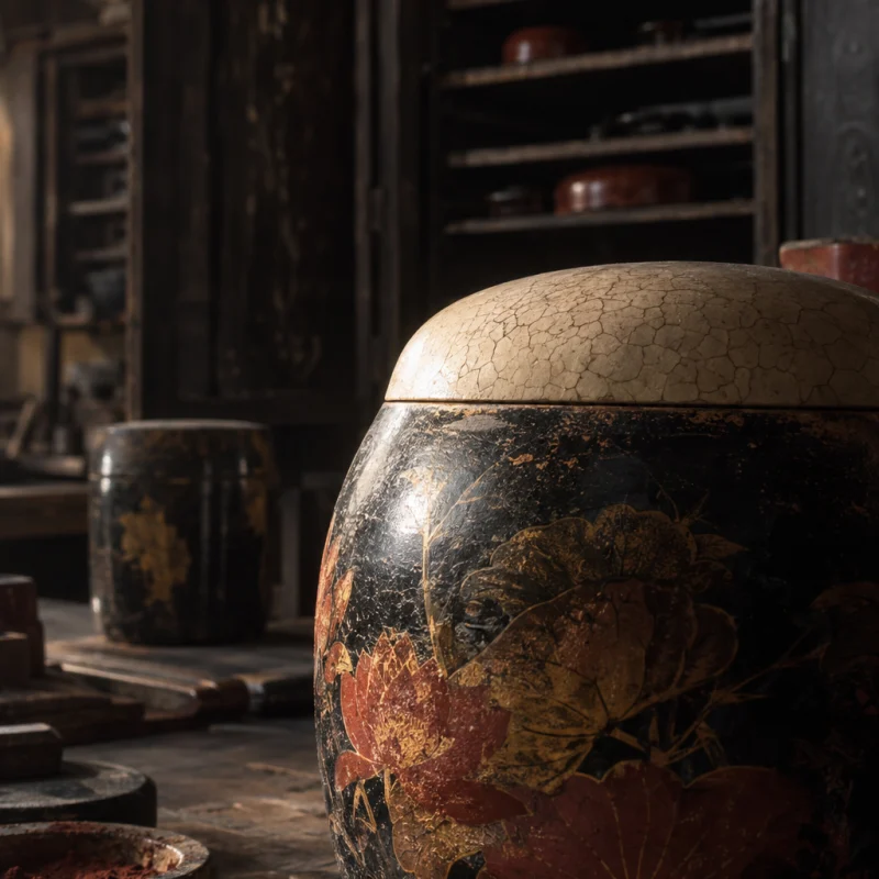 Tea caddy, eggshell lid, close-up of the polished black lacquer body, in the Hạ Thái lacquer workshop, dark wooden drying cabinets behind, palette of brown-black, cinnabar and dull gold