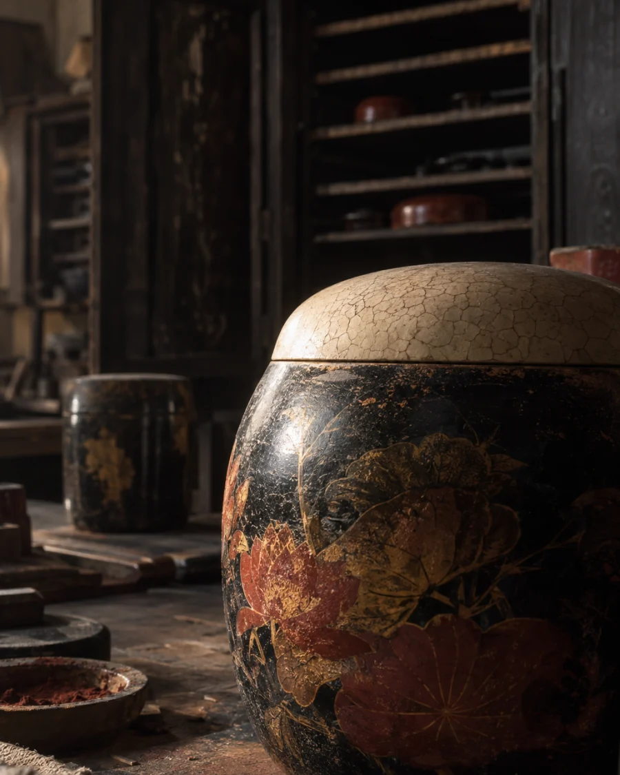 Tea caddy, eggshell lid, close-up of the polished black lacquer body, in the Hạ Thái lacquer workshop, dark wooden drying cabinets behind, palette of brown-black, cinnabar and dull gold