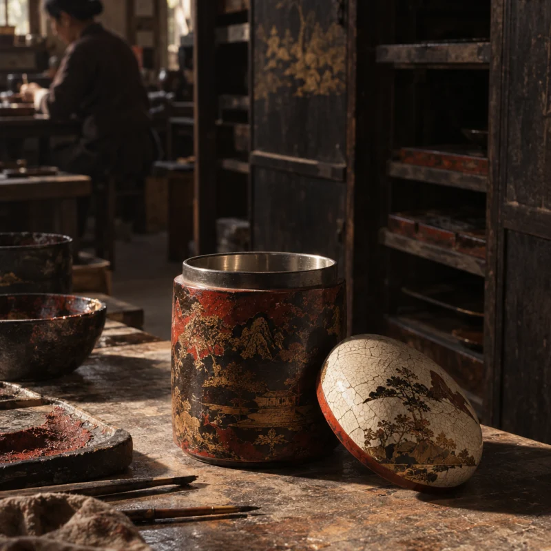 Tea caddy, eggshell lid, the caddy open, tin liner catching the light, in the Hạ Thái lacquer workshop, dark wooden drying cabinets behind, palette of brown-black, cinnabar and dull gold
