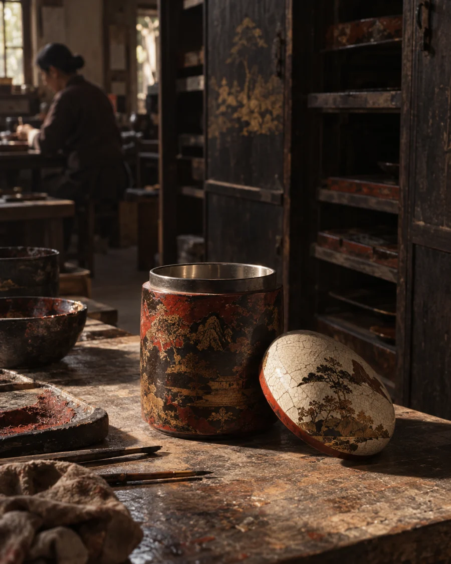 Tea caddy, eggshell lid, the caddy open, tin liner catching the light, in the Hạ Thái lacquer workshop, dark wooden drying cabinets behind, palette of brown-black, cinnabar and dull gold