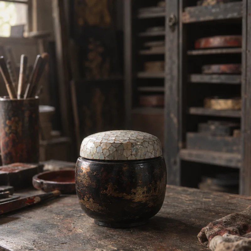 Tea caddy, eggshell lid: A black natural-lacquer tea caddy with a duck-eggshell mosaic lid and a tin liner, on turned jackfruit wood, closed on a dark bench, in the Hạ Thái lacquer workshop, dark wooden drying cabinets behind, palette of brown-black, cinnabar and dull gold, by Đỗ Thị Hương