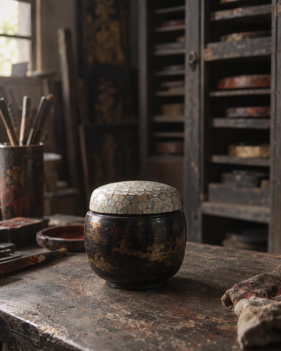 Tea caddy, eggshell lid: A black natural-lacquer tea caddy with a duck-eggshell mosaic lid and a tin liner, on turned jackfruit wood, closed on a dark bench, in the Hạ Thái lacquer workshop, dark wooden drying cabinets behind, palette of brown-black, cinnabar and dull gold, by Đỗ Thị Hương