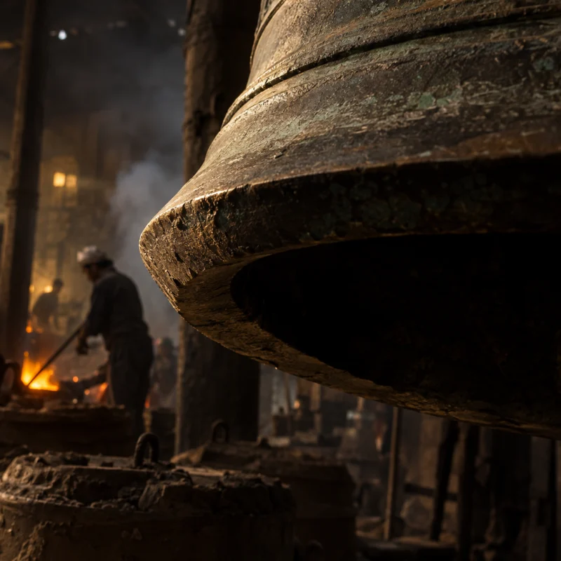 Temple bell, cast bronze, close-up of the bell's lip and the thickness of the casting, in the Đại Bái foundry, sand moulds and charcoal glow, dark bronze with a green-brown patina, smoke and low light