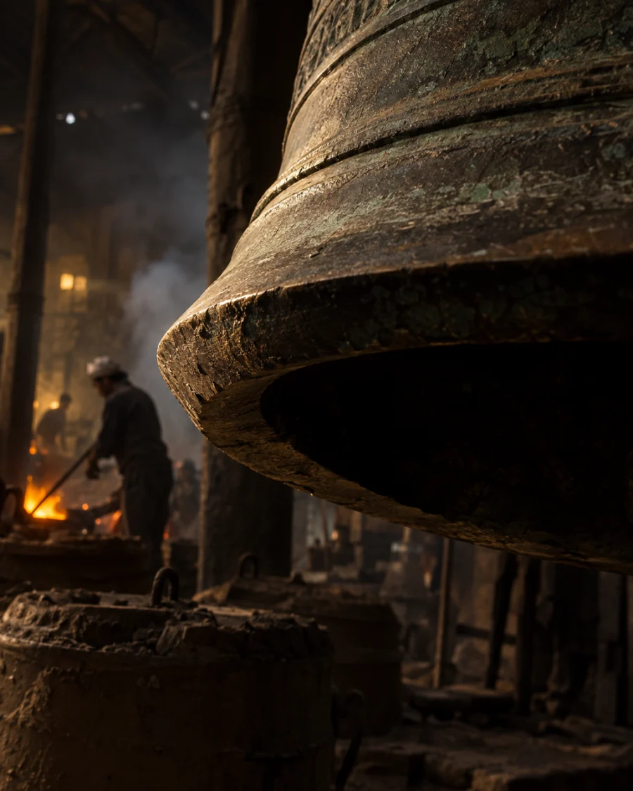 Temple bell, cast bronze, close-up of the bell's lip and the thickness of the casting, in the Đại Bái foundry, sand moulds and charcoal glow, dark bronze with a green-brown patina, smoke and low light