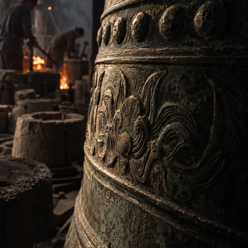 Temple bell, cast bronze, macro of the chased drum pattern, chisel marks in the patina, in the Đại Bái foundry, sand moulds and charcoal glow, dark bronze with a green-brown patina, smoke and low light
