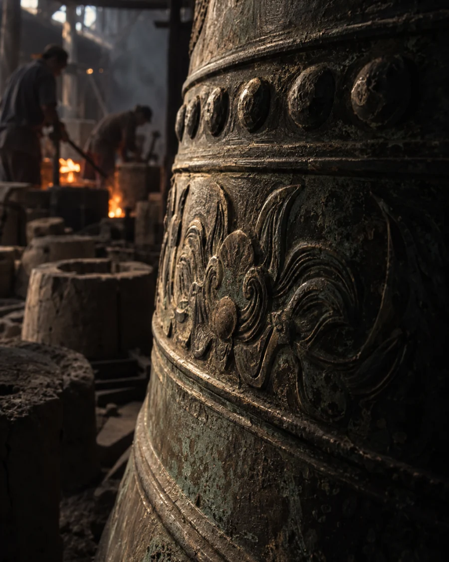 Temple bell, cast bronze, macro of the chased drum pattern, chisel marks in the patina, in the Đại Bái foundry, sand moulds and charcoal glow, dark bronze with a green-brown patina, smoke and low light