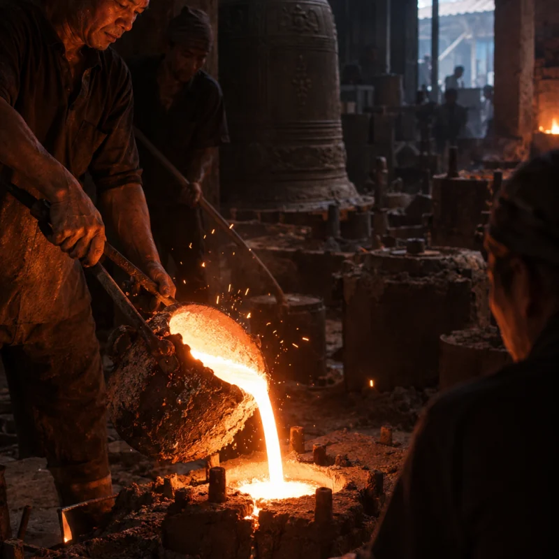 Temple bell, cast bronze, molten bronze poured into a sand mould in the dark, sparks and orange glow on the casters' hands, in the Đại Bái foundry, sand moulds and charcoal glow, dark bronze with a green-brown patina, smoke and low light