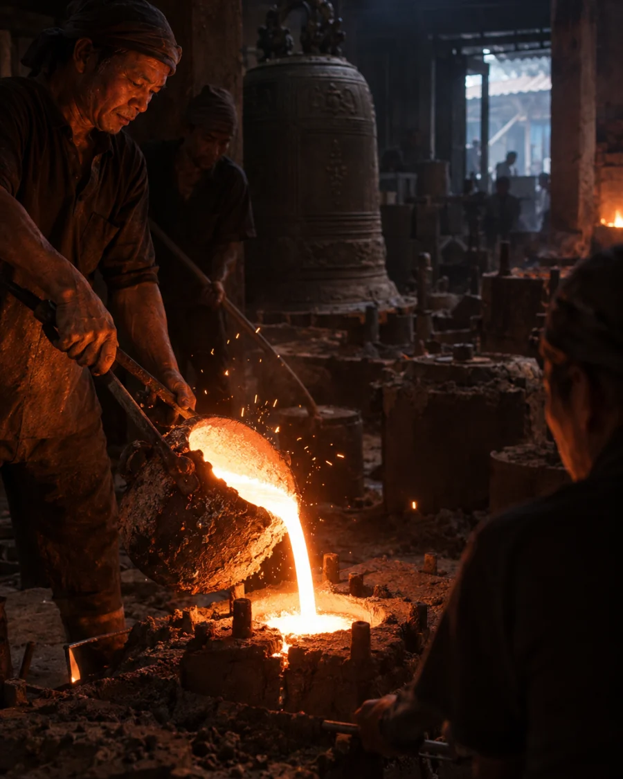 Temple bell, cast bronze, molten bronze poured into a sand mould in the dark, sparks and orange glow on the casters' hands, in the Đại Bái foundry, sand moulds and charcoal glow, dark bronze with a green-brown patina, smoke and low light