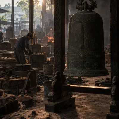 Temple bell, cast bronze: A cast-bronze temple bell with a chased drum pattern and village patina, hung in a carved ironwood stand, in the foundry yard, in the Đại Bái foundry, sand moulds and charcoal glow, dark bronze with a green-brown patina, smoke and low light, by Nguyễn Văn Sơn