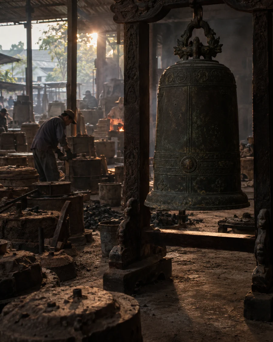 Temple bell, cast bronze: A cast-bronze temple bell with a chased drum pattern and village patina, hung in a carved ironwood stand, in the foundry yard, in the Đại Bái foundry, sand moulds and charcoal glow, dark bronze with a green-brown patina, smoke and low light, by Nguyễn Văn Sơn
