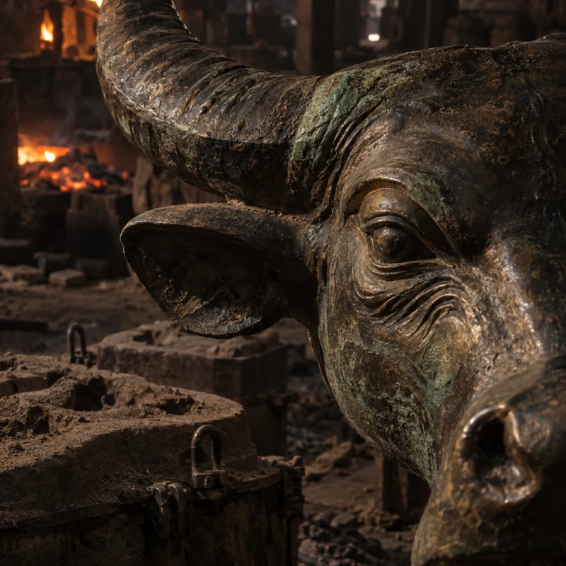 Water dropper, bronze, macro of the buffalo's head and horns in dark bronze, in the Đại Bái foundry, sand moulds and charcoal glow, dark bronze with a green-brown patina, smoke and low light