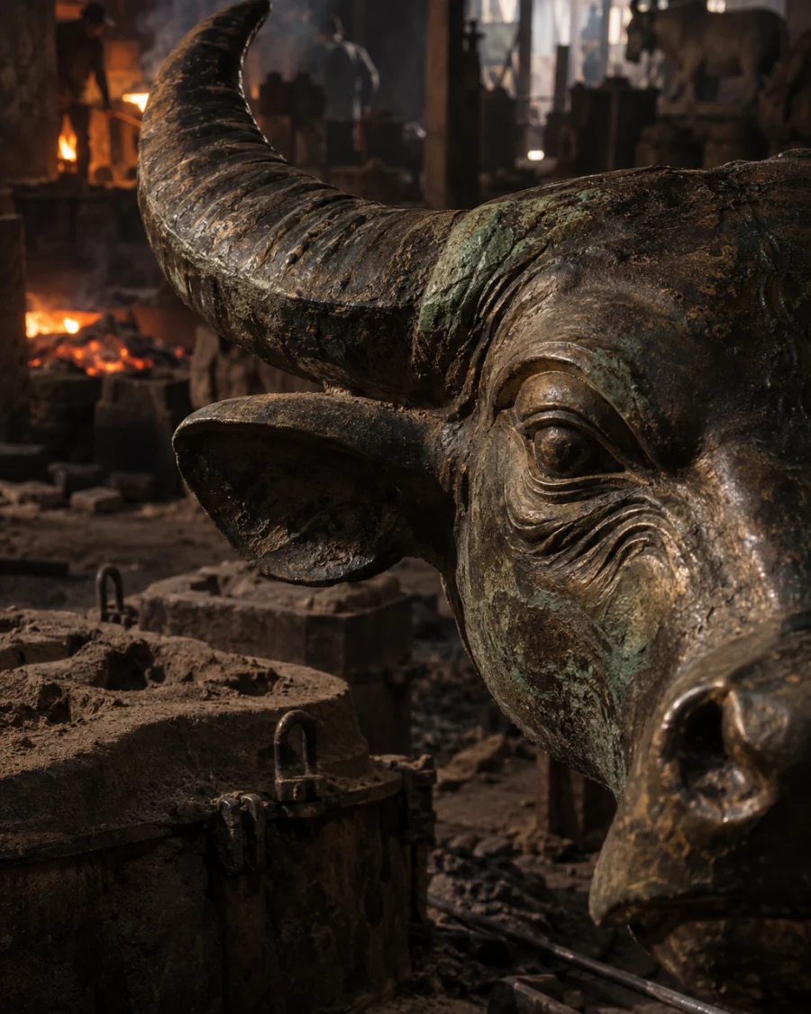 Water dropper, bronze, macro of the buffalo's head and horns in dark bronze, in the Đại Bái foundry, sand moulds and charcoal glow, dark bronze with a green-brown patina, smoke and low light