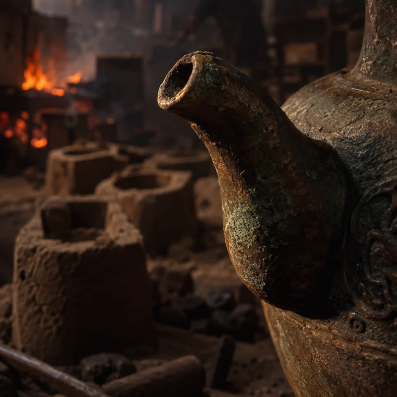 Water dropper, bronze, close-up of the small spout, in the Đại Bái foundry, sand moulds and charcoal glow, dark bronze with a green-brown patina, smoke and low light
